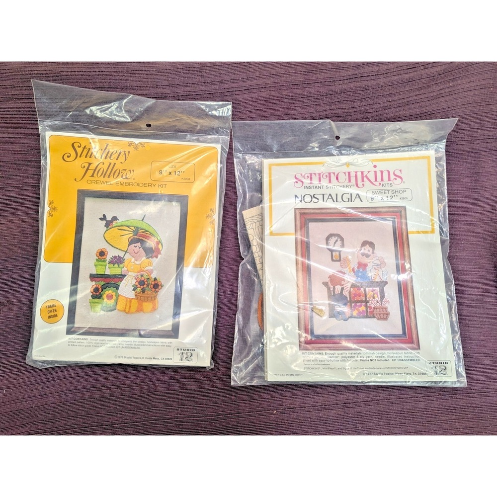 Vintage Stichkins Embroidery Kits - 1976 - Liza & 1977 Sweet shop - Size 9 x 12"